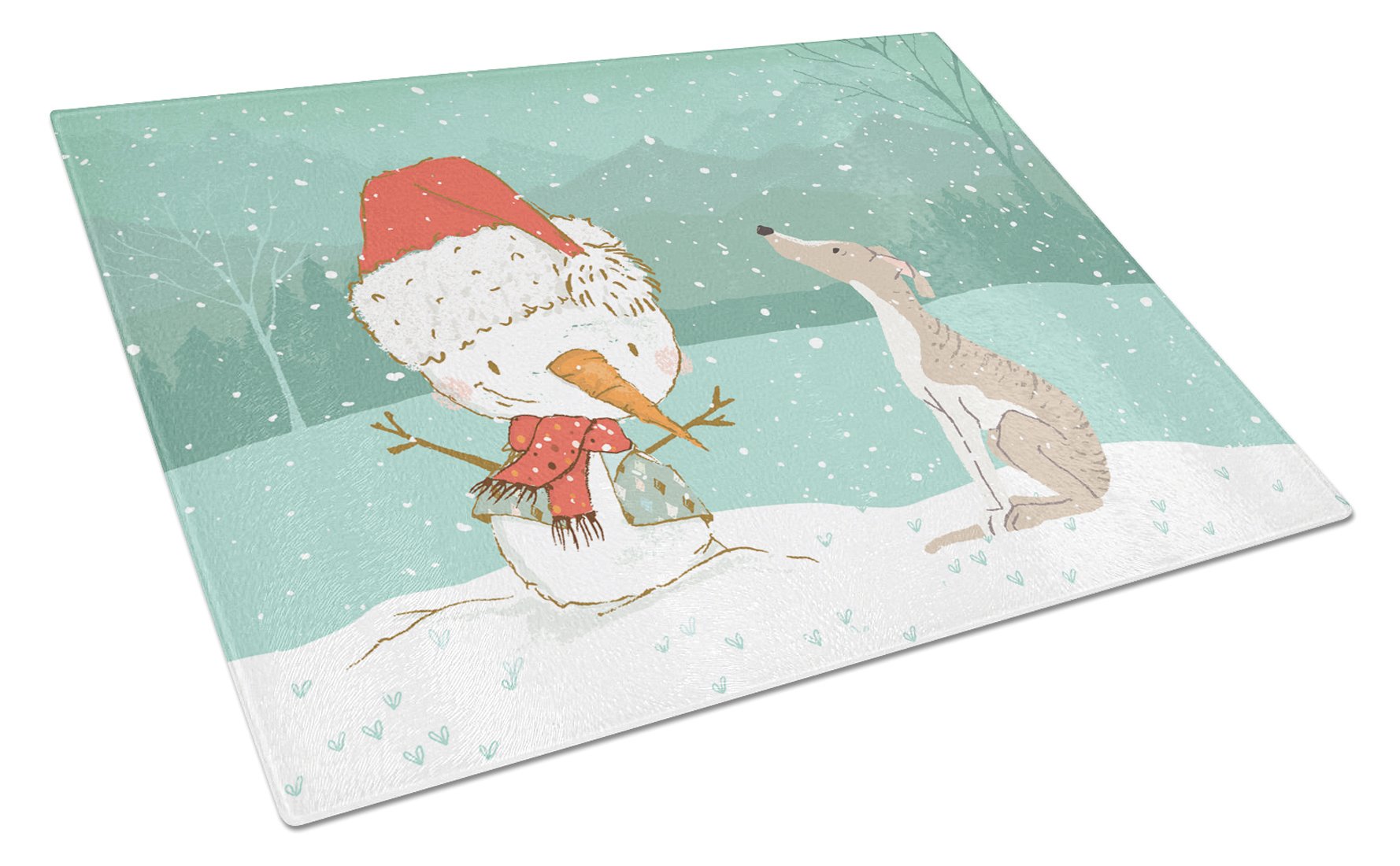 Whippet Snowman Christmas Cutting Board Tempered Glass Kitchen Cutting Surface, Heat Resistant Chopping, Non-Slip Feet, Food Prep & Serving
