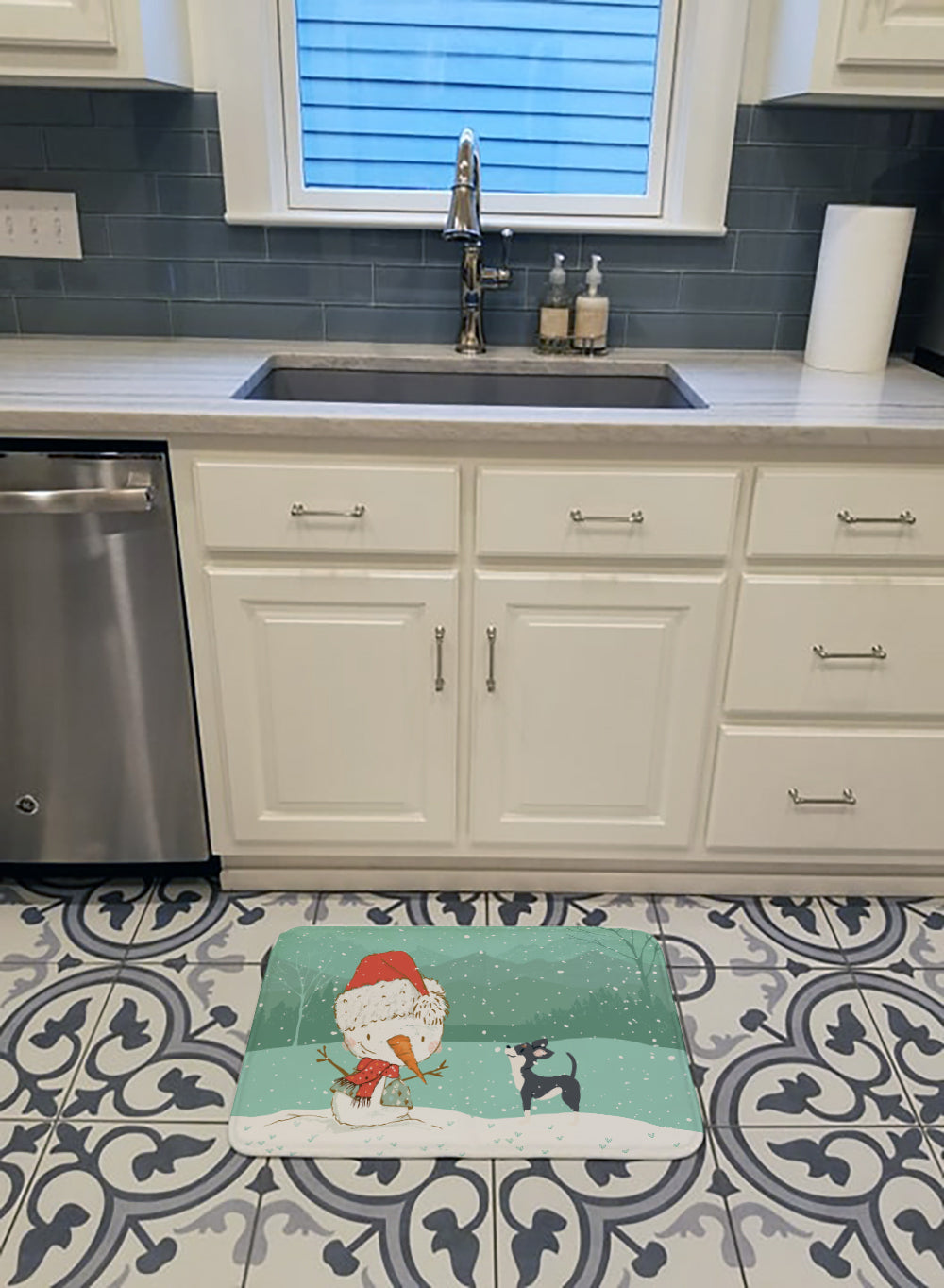 Black Chihuahua Snowman Christmas Memory Foam Kitchen Mat Machine Washable Anti-Fatigue Cushion Comfort Bath or Kitchen Rug