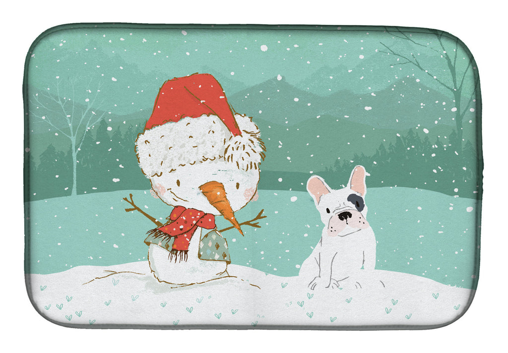 Piebald French Bulldog Snowman Christmas Dish Drying Mat Absorbent Dish Drying Mat Pad for Kitchen Counter Dish Drainer Mat for Countertop, 14 x 21", Multicolor
