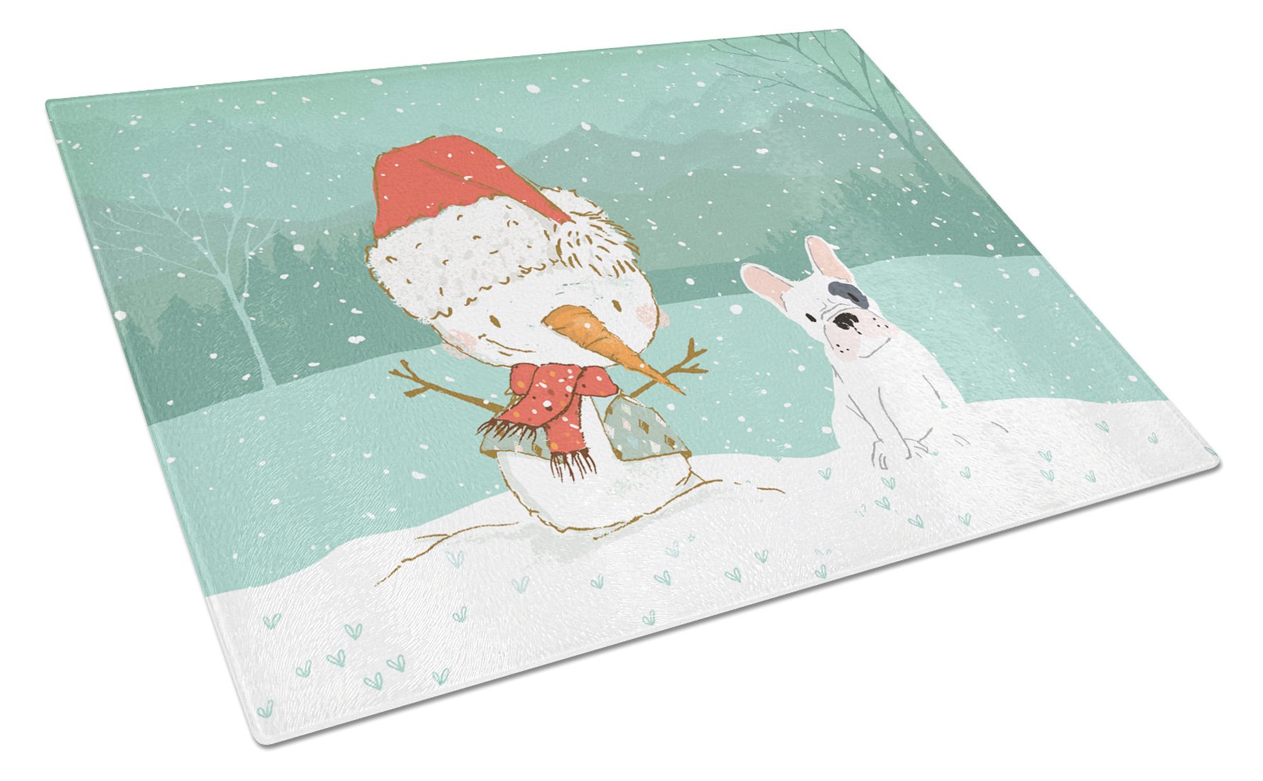 Piebald French Bulldog Snowman Christmas Cutting Board Tempered Glass Kitchen Cutting Surface, Heat Resistant Chopping, Non-Slip Feet, Food Prep & Serving