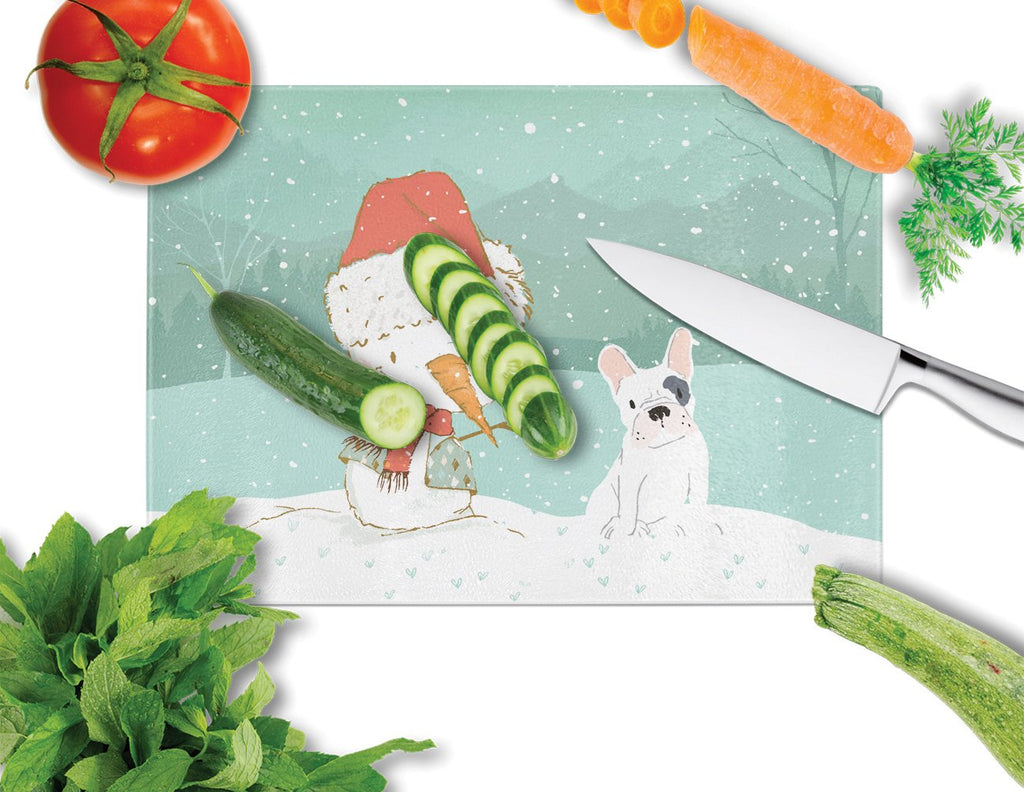 Piebald French Bulldog Snowman Christmas Cutting Board Tempered Glass Kitchen Cutting Surface, Heat Resistant Chopping, Non-Slip Feet, Food Prep & Serving