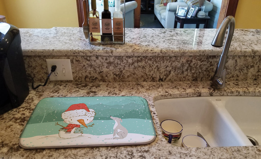 Italian Greyhound Snowman Christmas Dish Drying Mat Absorbent Dish Drying Mat Pad for Kitchen Counter Dish Drainer Mat for Countertop, 14 x 21", Multicolor