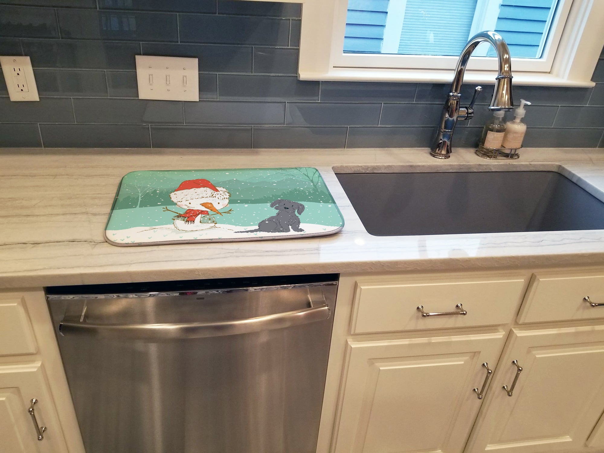 Black Maltese Snowman Christmas Dish Drying Mat Absorbent Dish Drying Mat Pad for Kitchen Counter Dish Drainer Mat for Countertop, 14 x 21", Multicolor