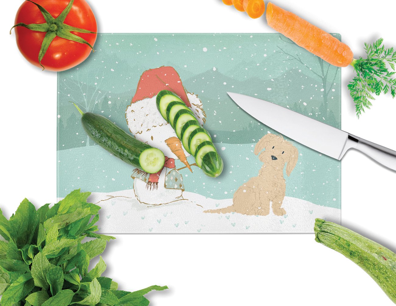 Brown Maltese Snowman Christmas Cutting Board Tempered Glass Kitchen Cutting Surface, Heat Resistant Chopping, Non-Slip Feet, Food Prep & Serving