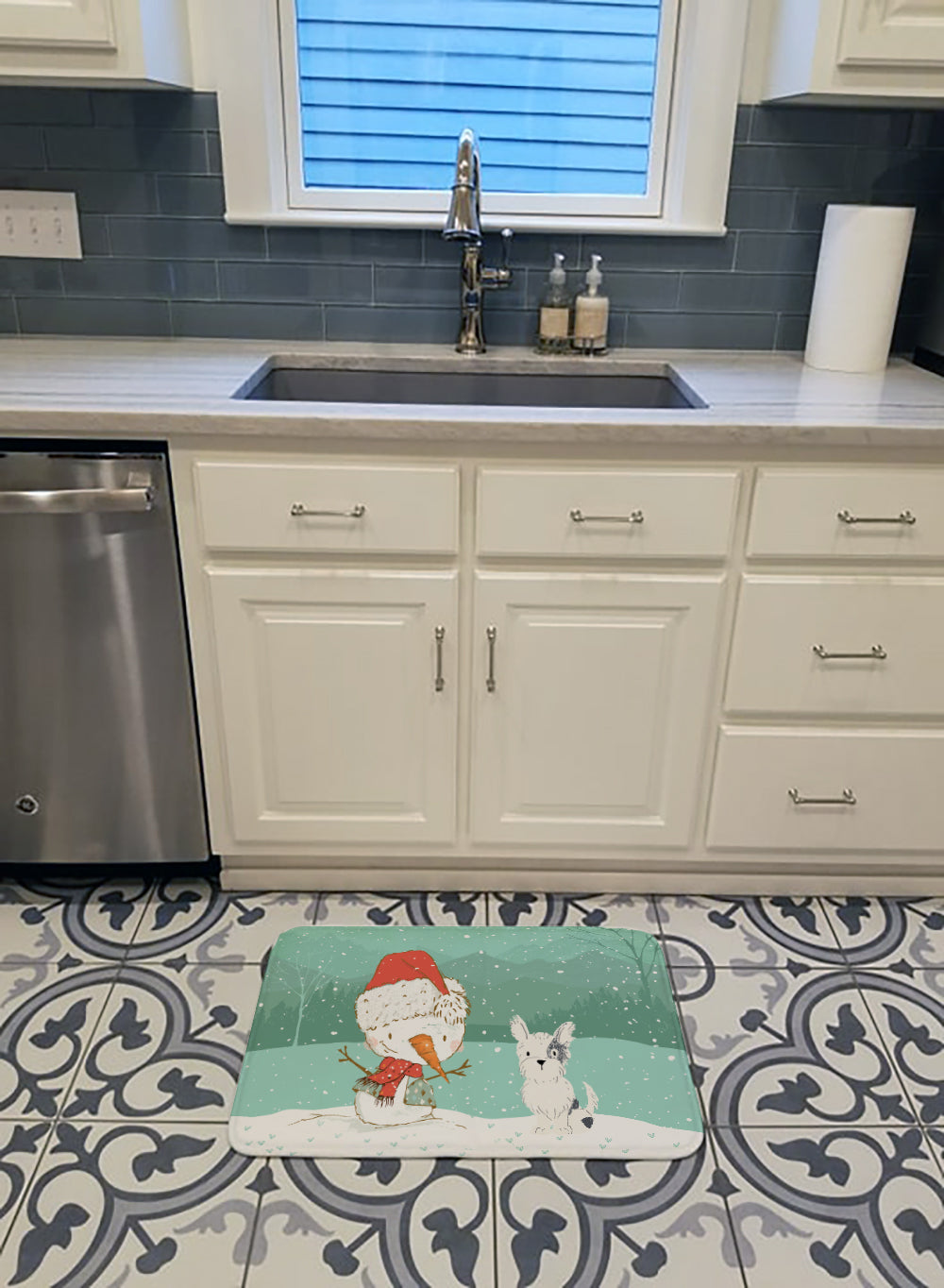 Black and White Terrier Snowman Christmas Memory Foam Kitchen Mat Machine Washable Anti-Fatigue Cushion Comfort Bath or Kitchen Rug