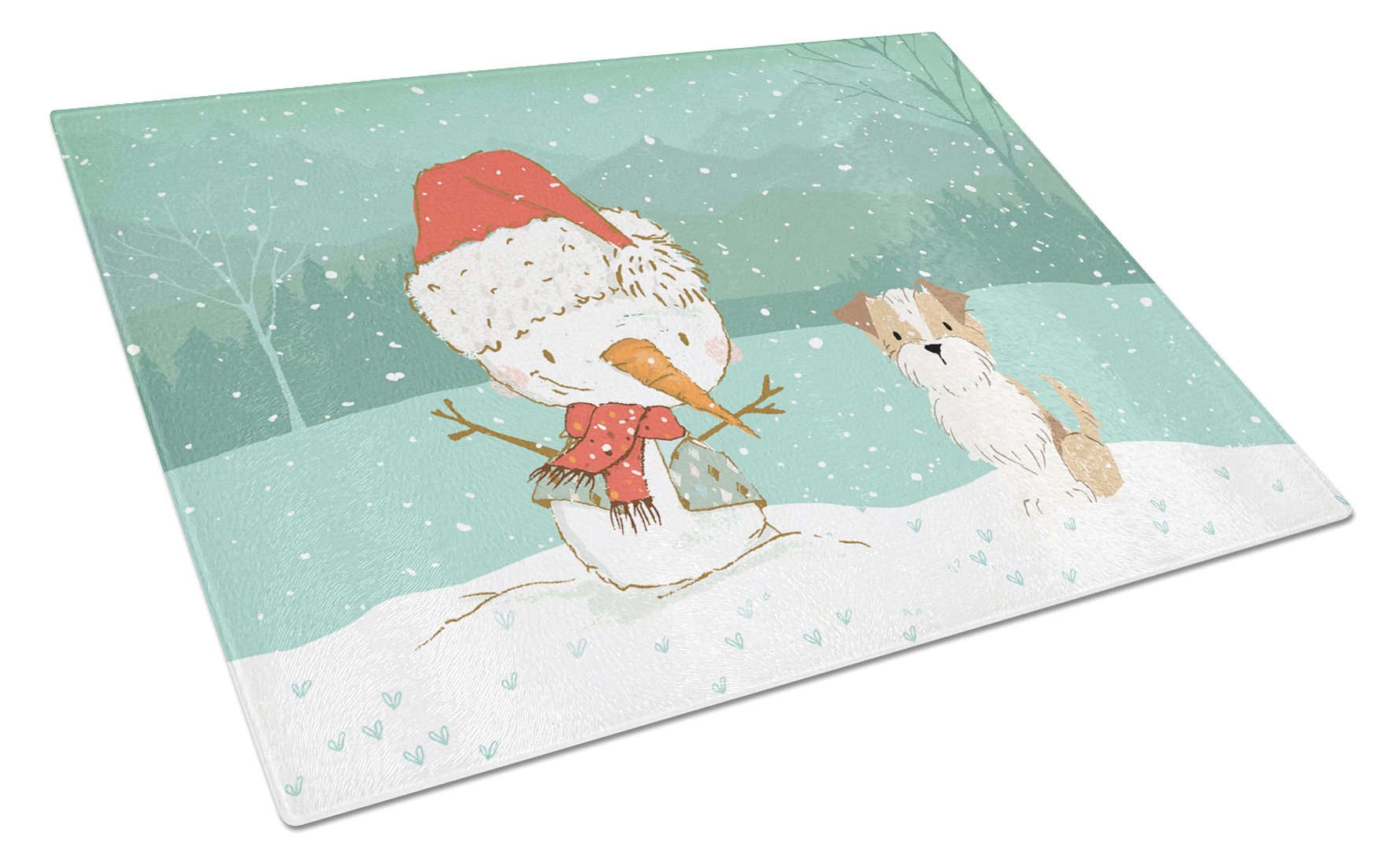 Brown and White Terrier Snowman Christmas Cutting Board Tempered Glass Kitchen Cutting Surface, Heat Resistant Chopping, Non-Slip Feet, Food Prep & Serving