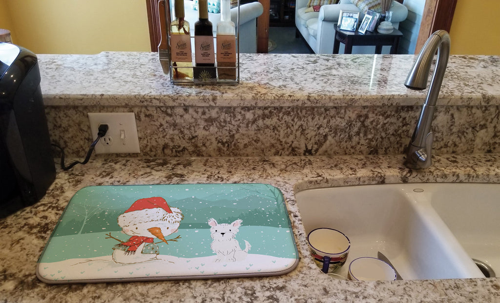 Westie Terrier Snowman Christmas Dish Drying Mat Absorbent Dish Drying Mat Pad for Kitchen Counter Dish Drainer Mat for Countertop, 14 x 21", Multicolor