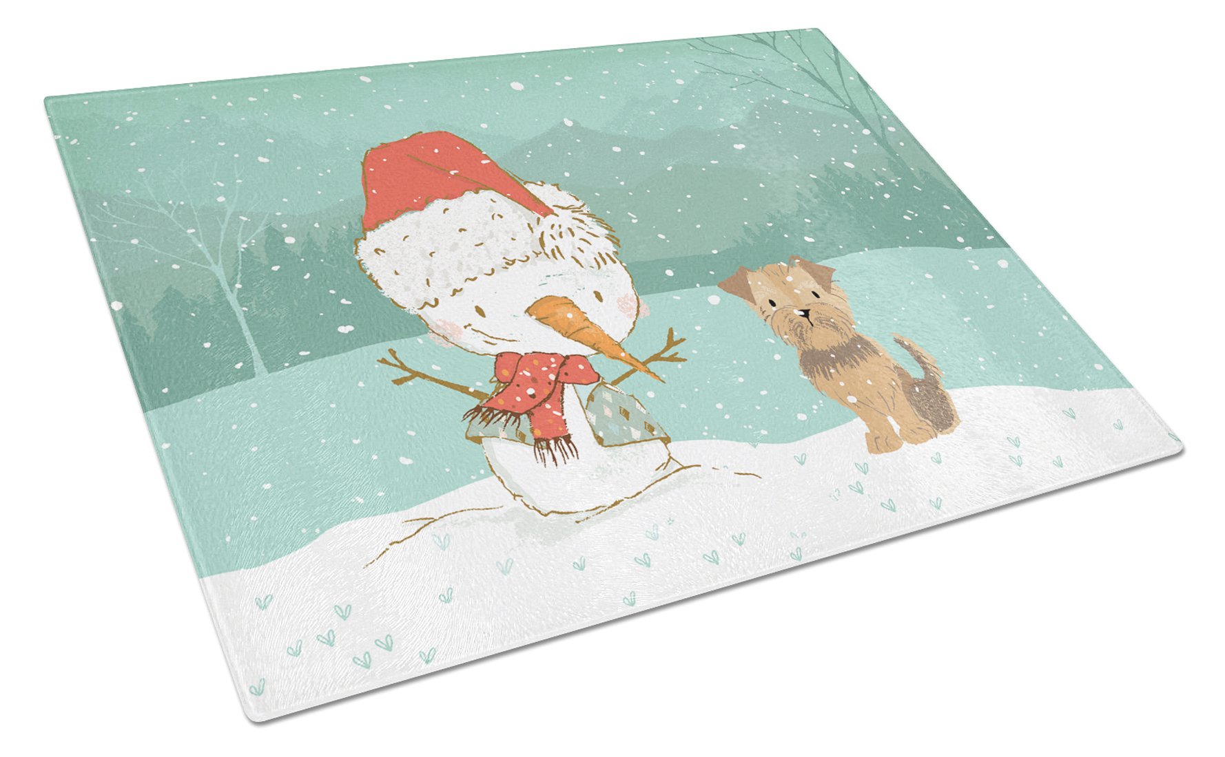 Yorkie Natural Ears Snowman Christmas Cutting Board Tempered Glass Kitchen Cutting Surface, Heat Resistant Chopping, Non-Slip Feet, Food Prep & Serving