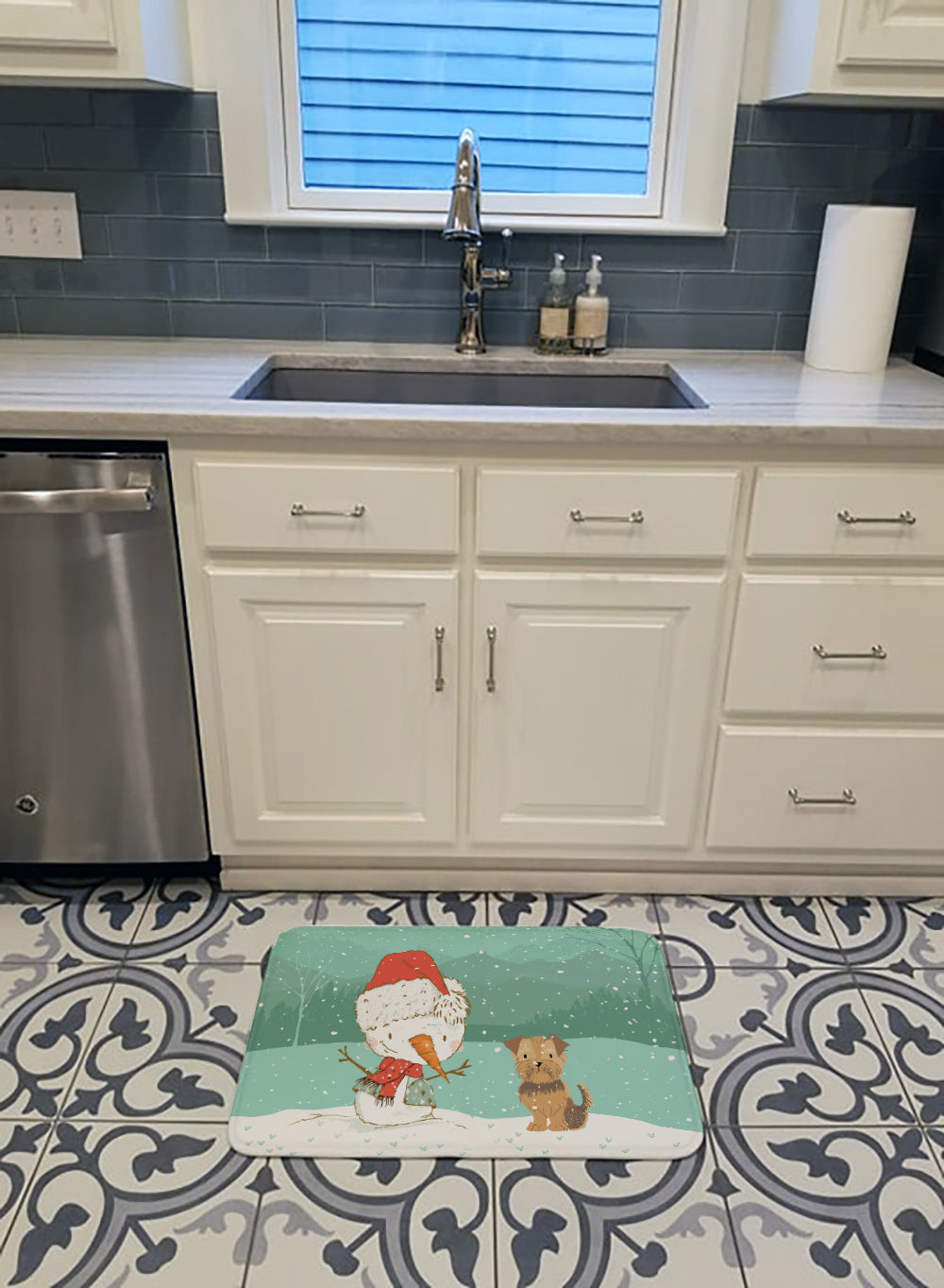 Yorkie Natural Ears Snowman Christmas Memory Foam Kitchen Mat Machine Washable Anti-Fatigue Cushion Comfort Bath or Kitchen Rug