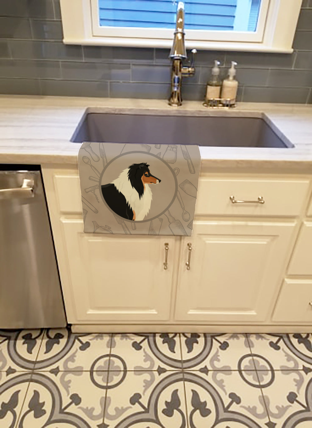 Collie In the Kitchen Kitchen Towel Velour Plush Front and Cotton Loop Back Machine Washable