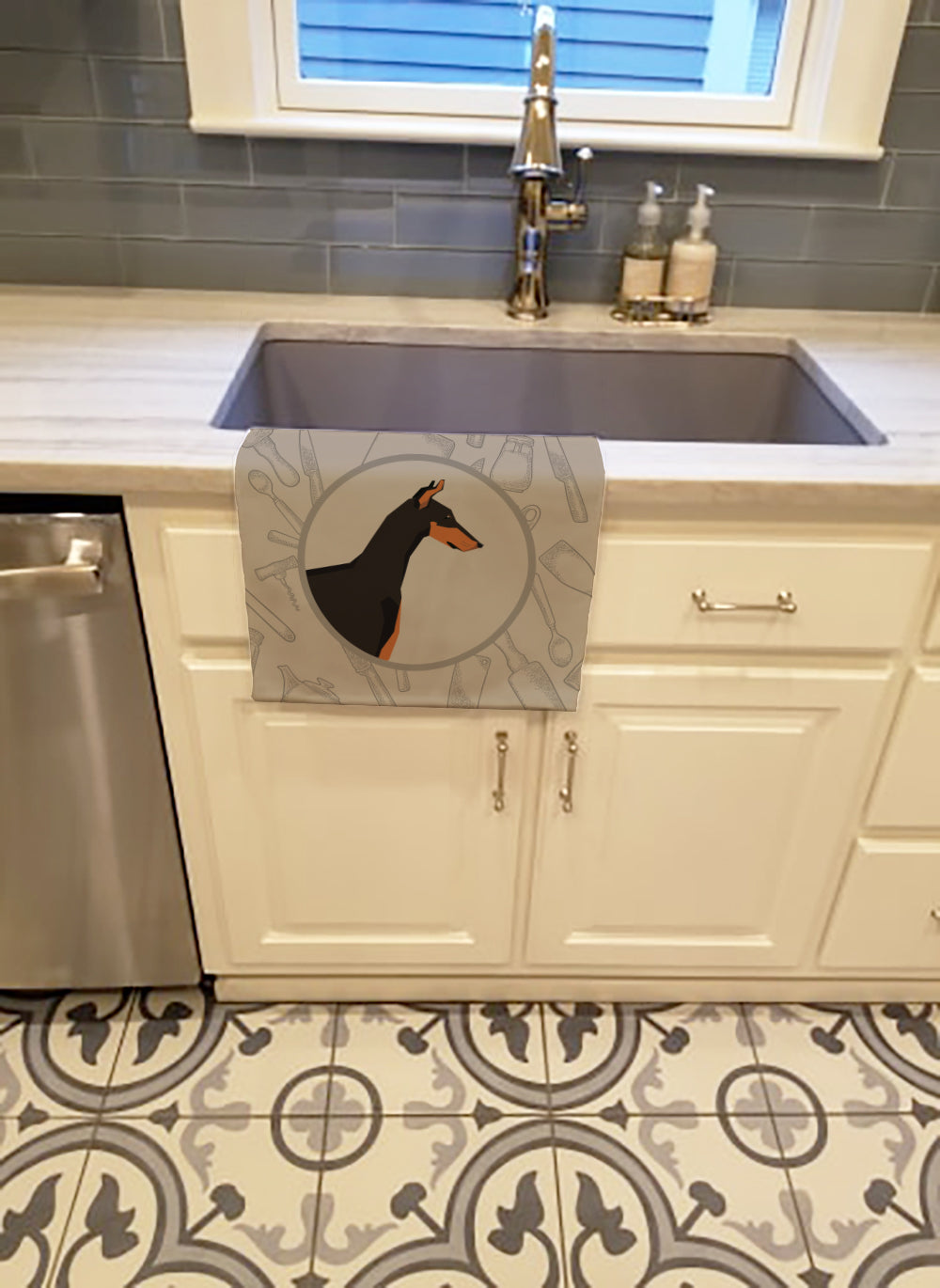 Doberman Pinscher In the Kitchen Kitchen Towel Velour Plush Front and Cotton Loop Back Machine Washable