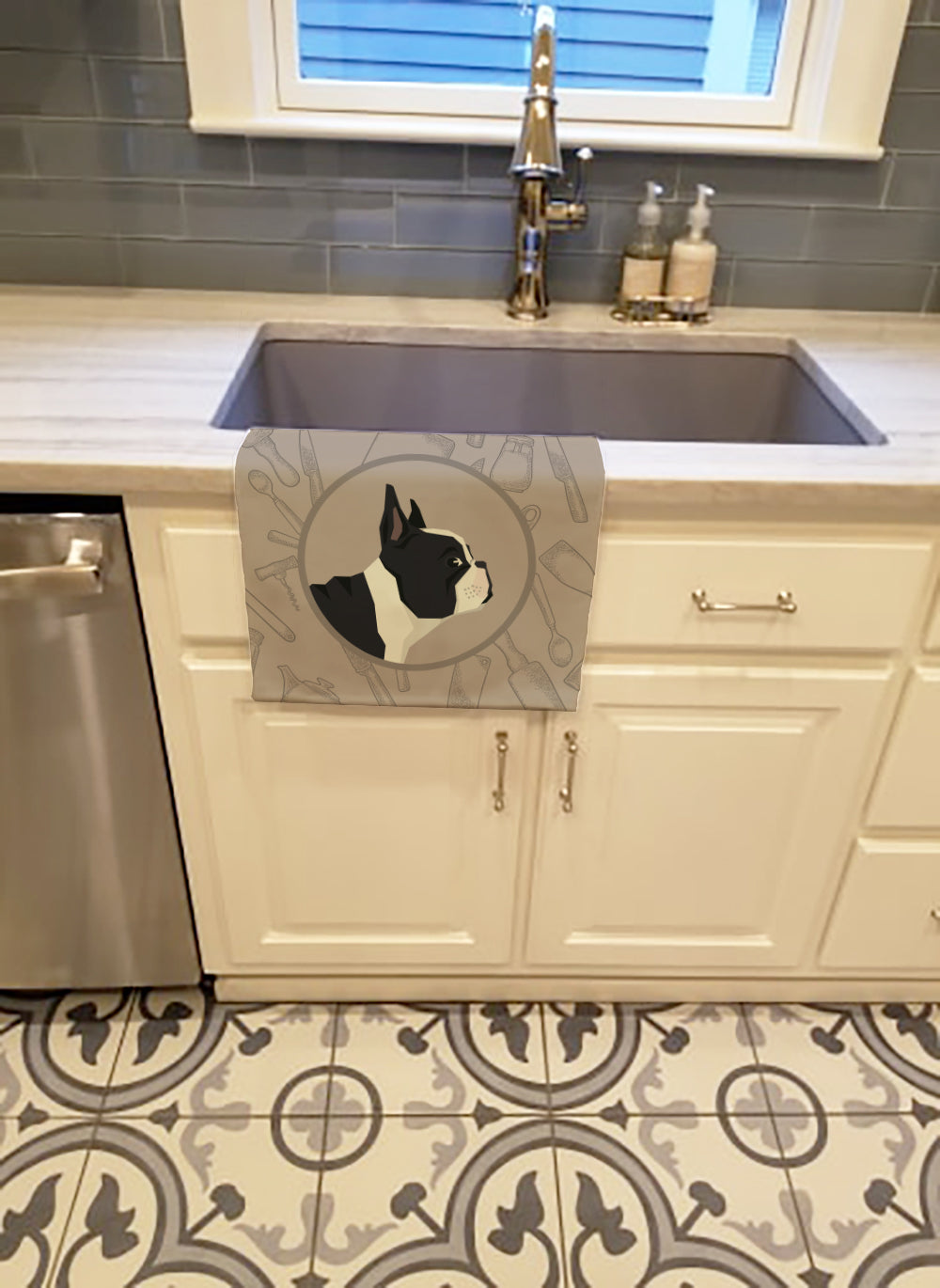 French Bulldog In the Kitchen Kitchen Towel Velour Plush Front and Cotton Loop Back Machine Washable