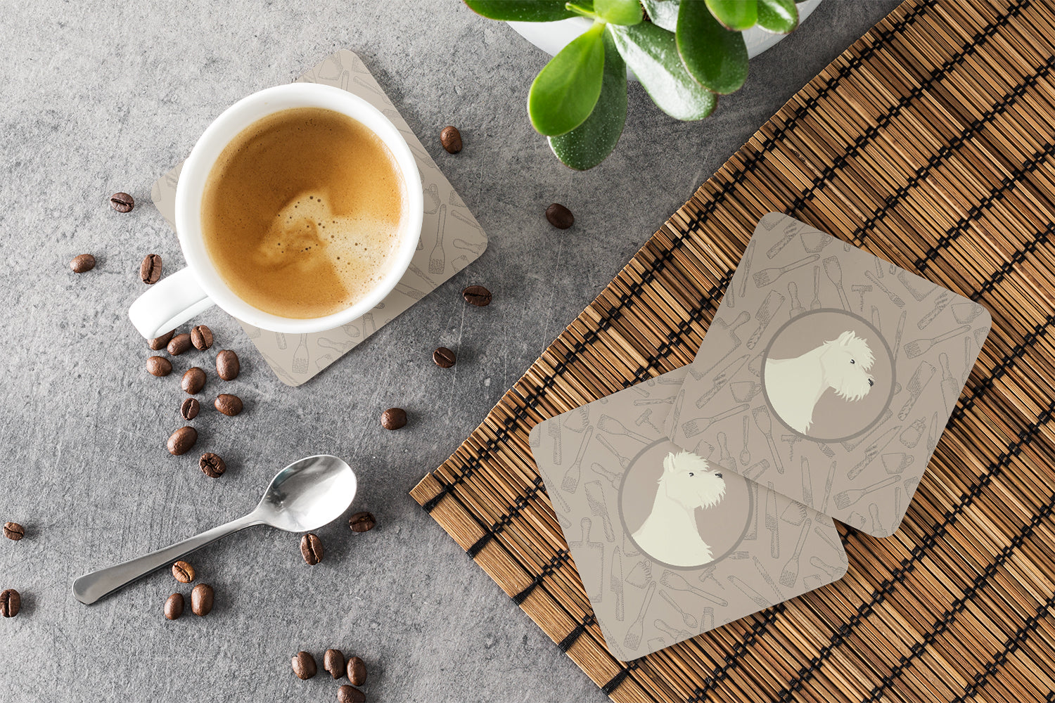 Westie In the Kitchen Foam Coasters Set of 4 Cup Coasters for Indoor Outdoor, Tabletop Protection, Anti Slip, Mouse pad Material