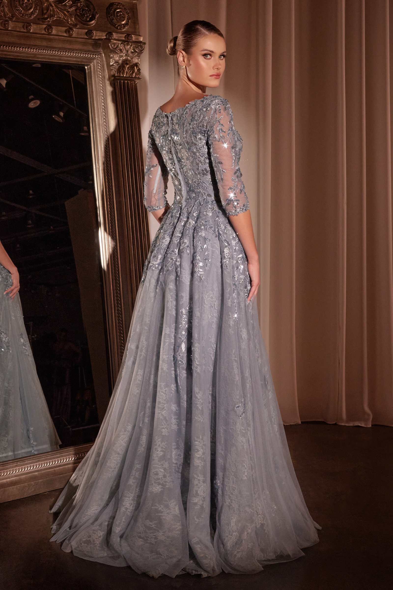 Ladivine CK2401 A-Line Lace & Tulle Modest Mother of the Bride Gown