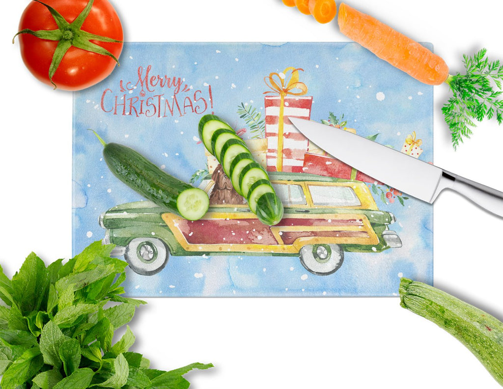 Merry Christmas Newfoundland Cutting Board Tempered Glass Kitchen Cutting Surface, Heat Resistant Chopping, Non-Slip Feet, Food Prep & Serving