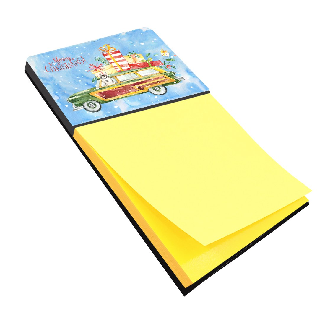 Merry Christmas Siberian Husky Watercolor Sticky Note Holder Refillable Dispenser Desk Accessory 3x3 Pad Gift