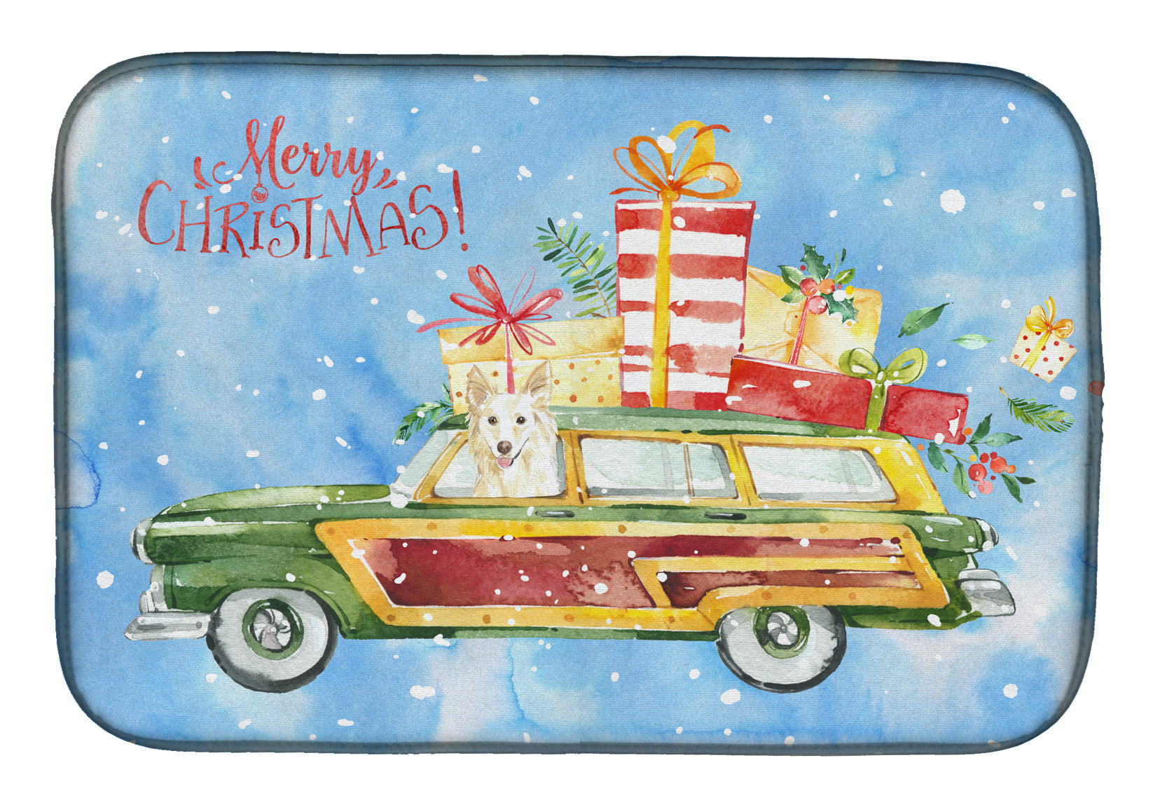 Merry Christmas White Collie Dish Drying Mat Absorbent Dish Drying Mat Pad for Kitchen Counter Dish Drainer Mat for Countertop, 14 x 21", Multicolor