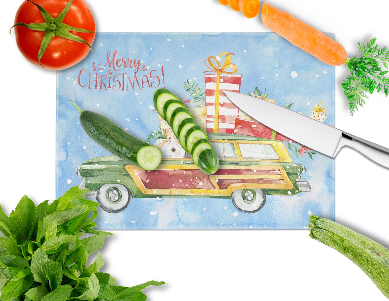 Merry Christmas Fox Terrier Cutting Board Tempered Glass Kitchen Cutting Surface, Heat Resistant Chopping, Non-Slip Feet, Food Prep & Serving
