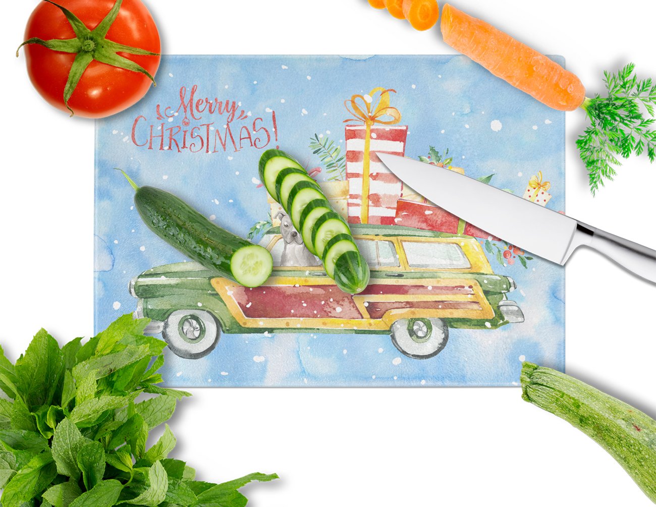 Merry Christmas Staffordshire Bull Terrier Cutting Board Tempered Glass Kitchen Cutting Surface, Heat Resistant Chopping, Non-Slip Feet, Food Prep & Serving