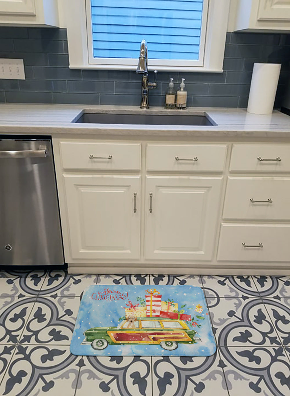 Merry Christmas Yellow Labrador Retriever Memory Foam Kitchen Mat Machine Washable Anti-Fatigue Cushion Comfort Bath or Kitchen Rug