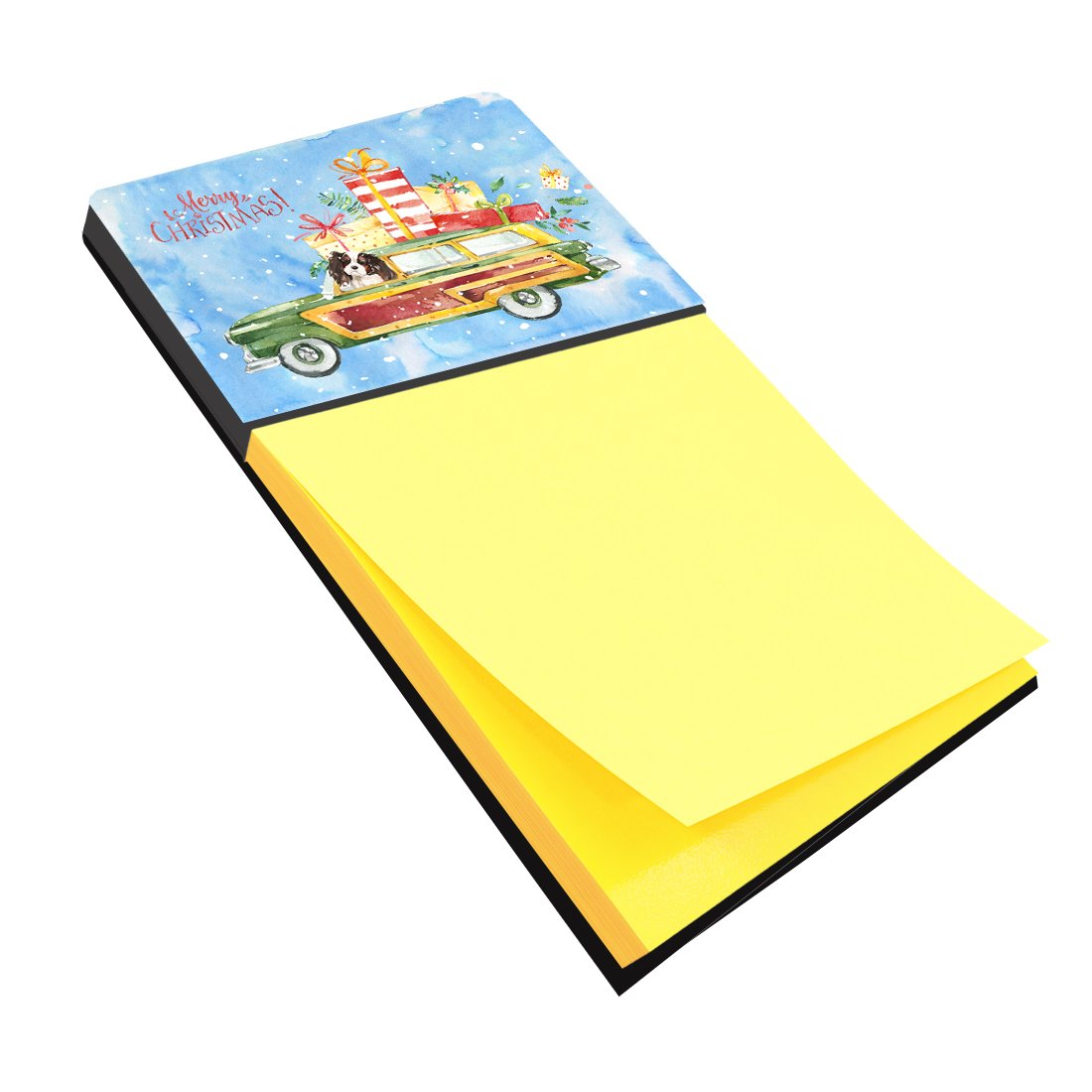 Merry Christmas Tricolor Cavalier Spaniel Watercolor Sticky Note Holder Refillable Dispenser Desk Accessory 3x3 Pad Gift