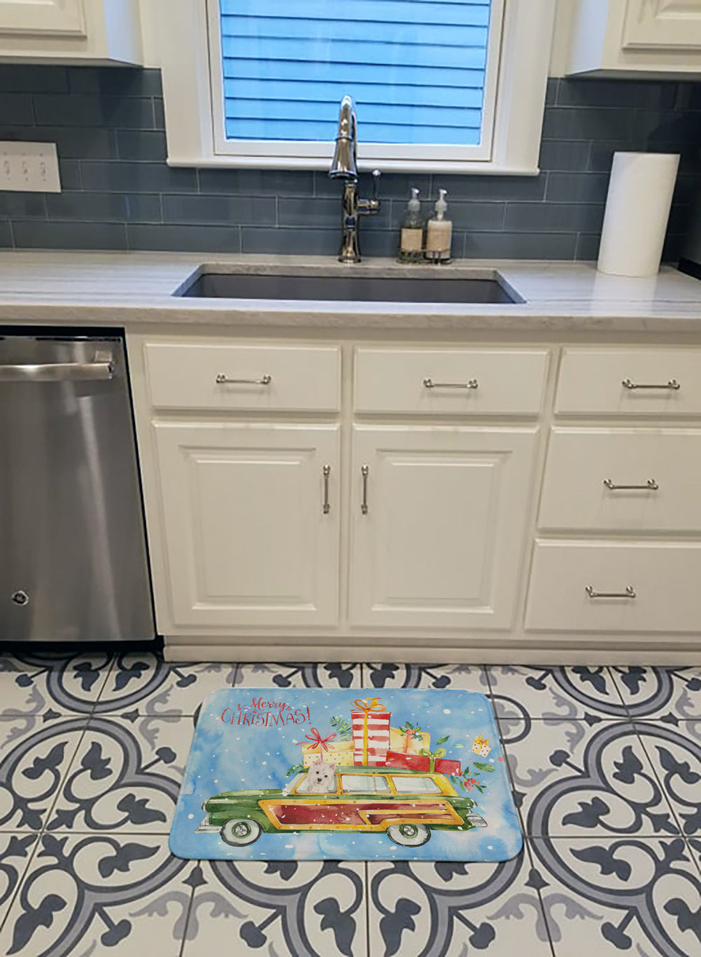 Merry Christmas Westie Memory Foam Kitchen Mat Machine Washable Anti-Fatigue Cushion Comfort Bath or Kitchen Rug