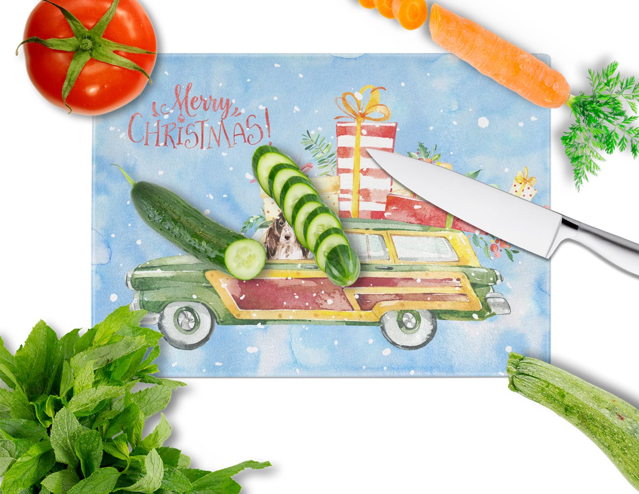 Merry Christmas Brown Parti Cocker Spaniel Cutting Board Tempered Glass Kitchen Cutting Surface, Heat Resistant Chopping, Non-Slip Feet, Food Prep & Serving