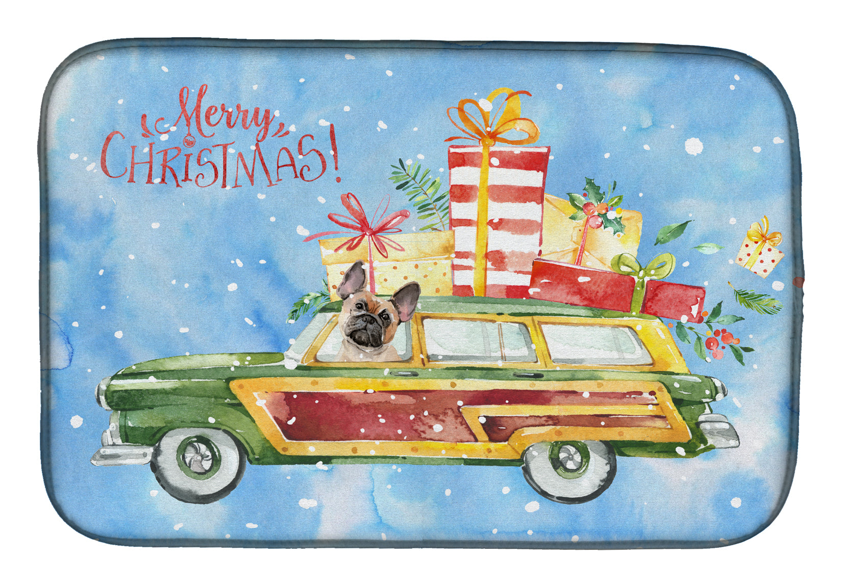 Merry Christmas Fawn French Bulldog Dish Drying Mat Absorbent Dish Drying Mat Pad for Kitchen Counter Dish Drainer Mat for Countertop, 14 x 21", Multicolor