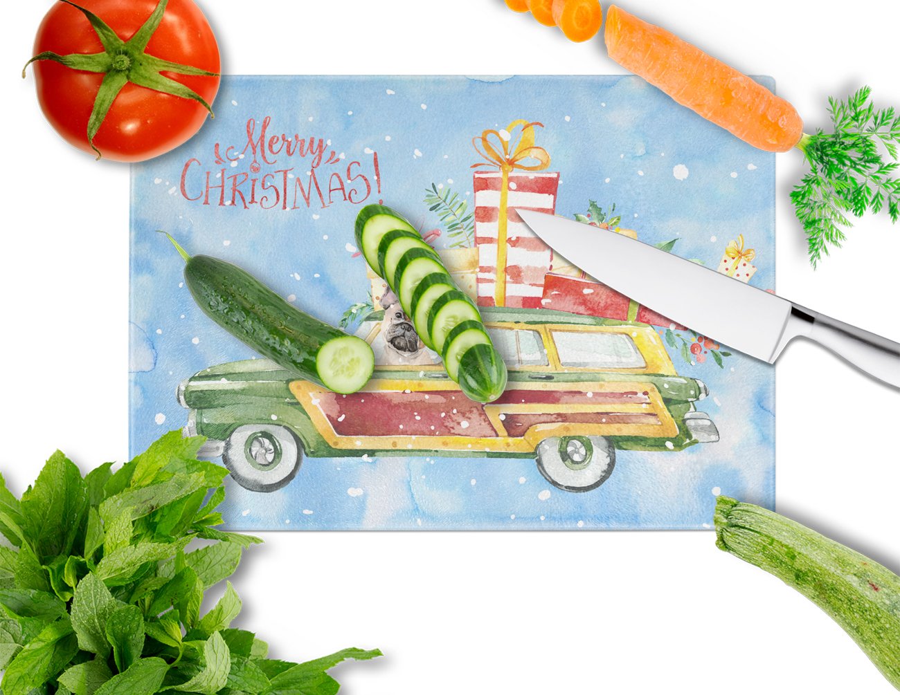 Merry Christmas Fawn French Bulldog Cutting Board Tempered Glass Kitchen Cutting Surface, Heat Resistant Chopping, Non-Slip Feet, Food Prep & Serving