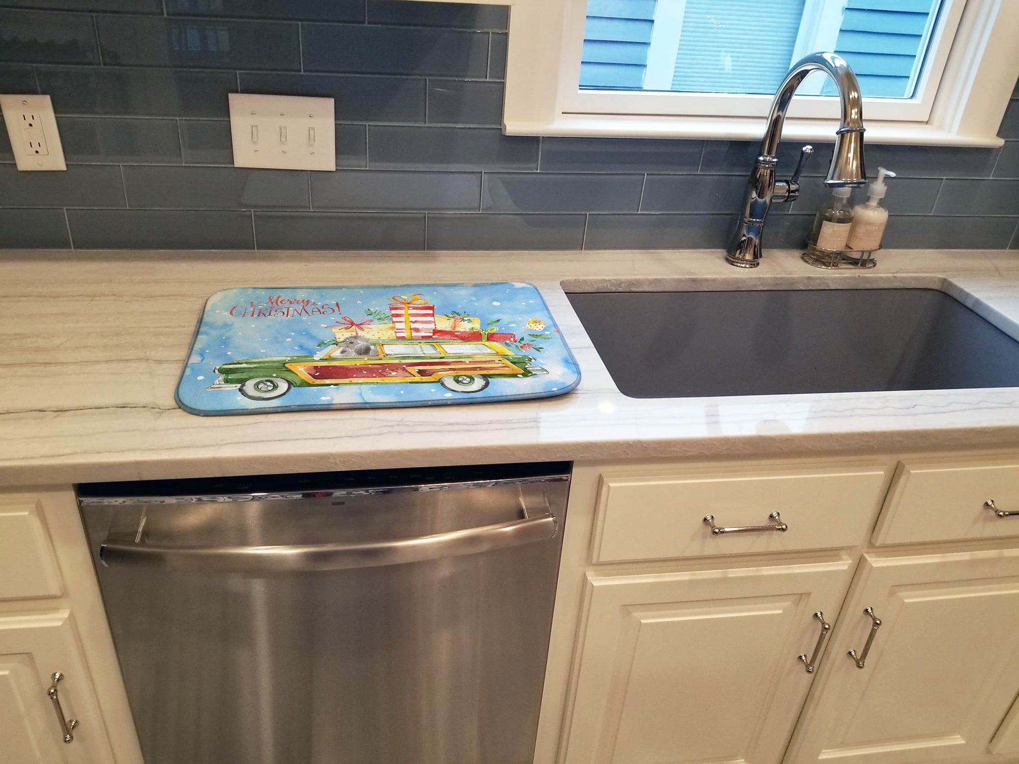 Merry Christmas Silver Poodle Dish Drying Mat Absorbent Dish Drying Mat Pad for Kitchen Counter Dish Drainer Mat for Countertop, 14 x 21", Multicolor