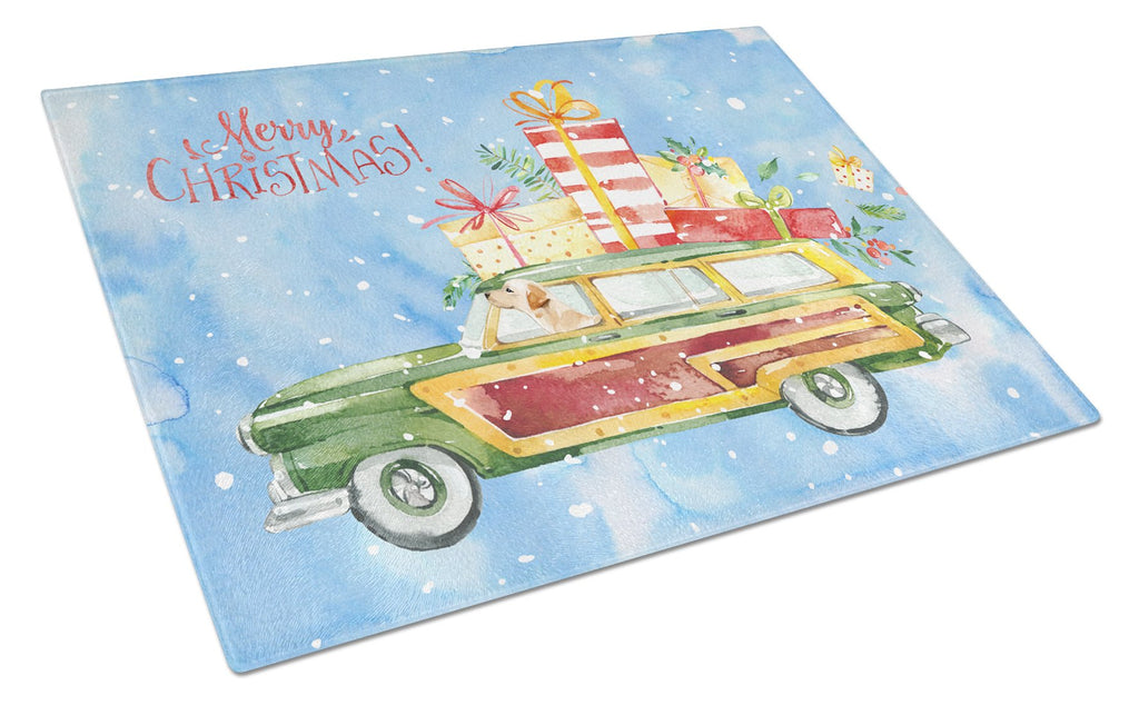 Merry Christmas Labrador Retriever Yellow Cutting Board Tempered Glass Kitchen Cutting Surface, Heat Resistant Chopping, Non-Slip Feet, Food Prep & Serving