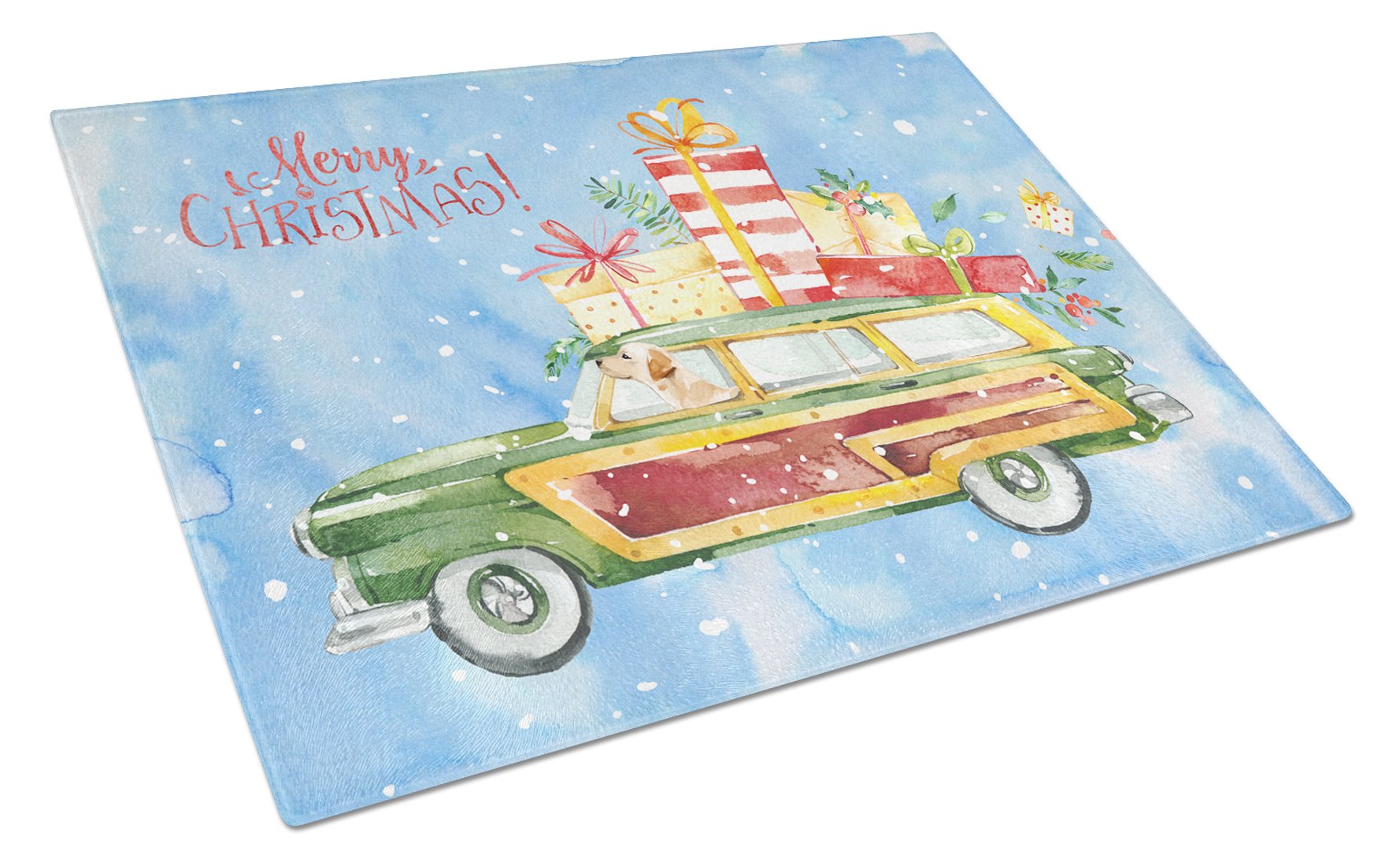 Merry Christmas Labrador Retriever Yellow Cutting Board Tempered Glass Kitchen Cutting Surface, Heat Resistant Chopping, Non-Slip Feet, Food Prep & Serving