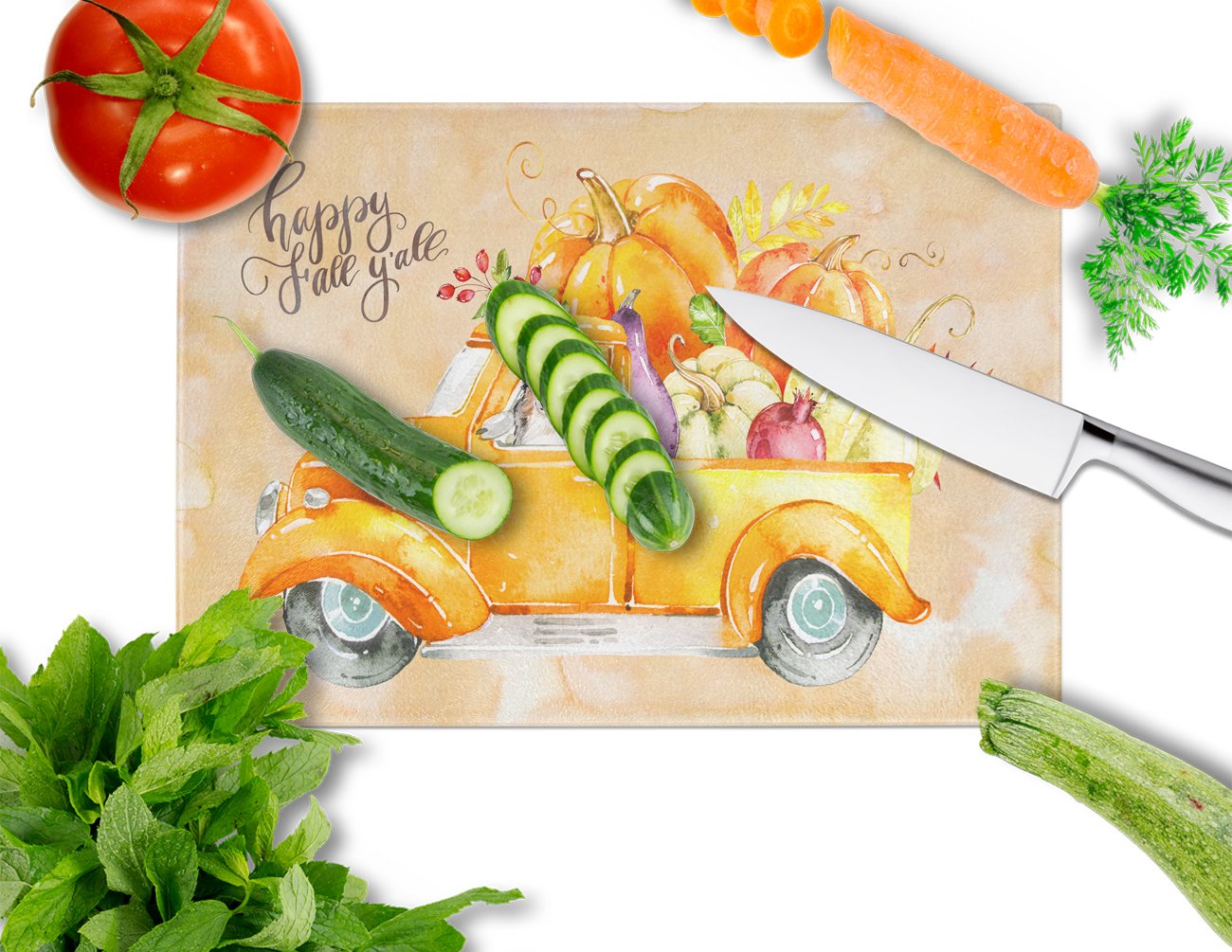 Fall Harvest Australian Shepherd Cutting Board Tempered Glass Kitchen Cutting Surface, Heat Resistant Chopping, Non-Slip Feet, Food Prep & Serving
