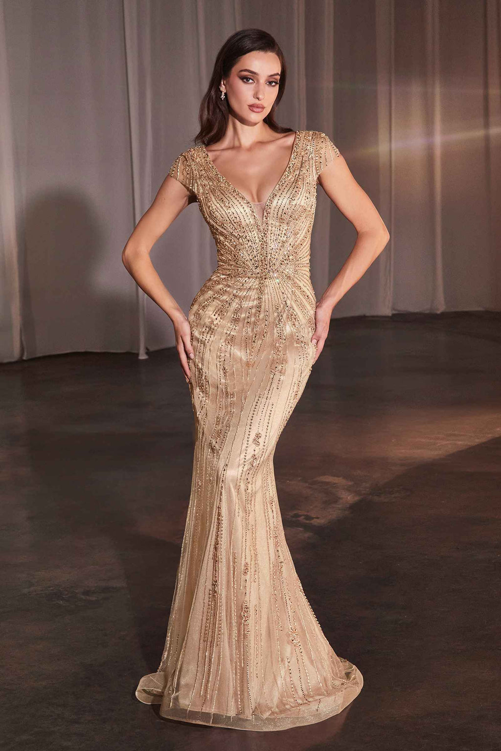 Ladivine CZ0029 Long Beaded Cap Sleeve Fitted Dress