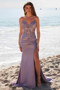 Nox Anabel E1527 Satin Sheer Boned Applique with High Slit Dress