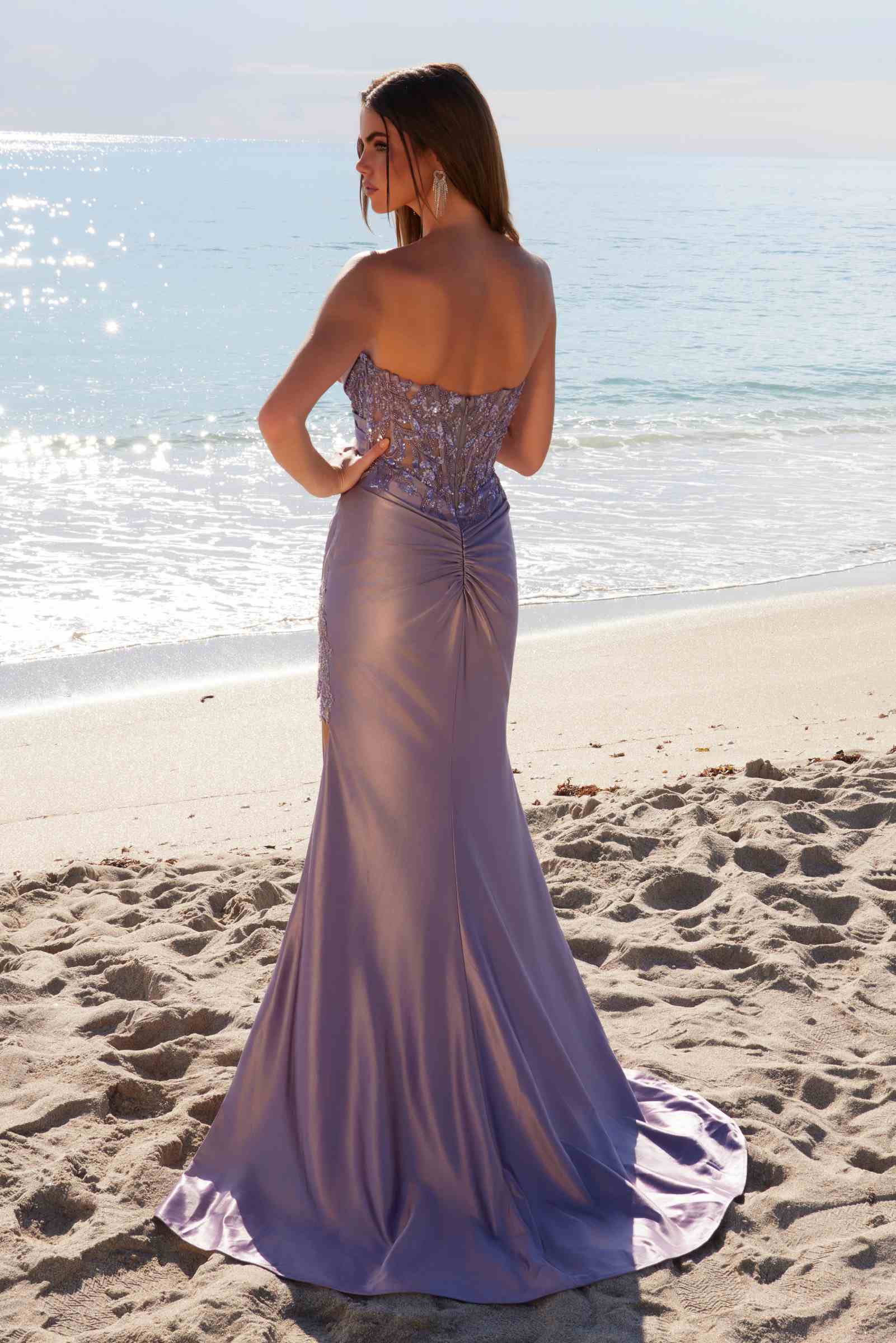 Nox Anabel E1527 Satin Sheer Boned Applique with High Slit Dress