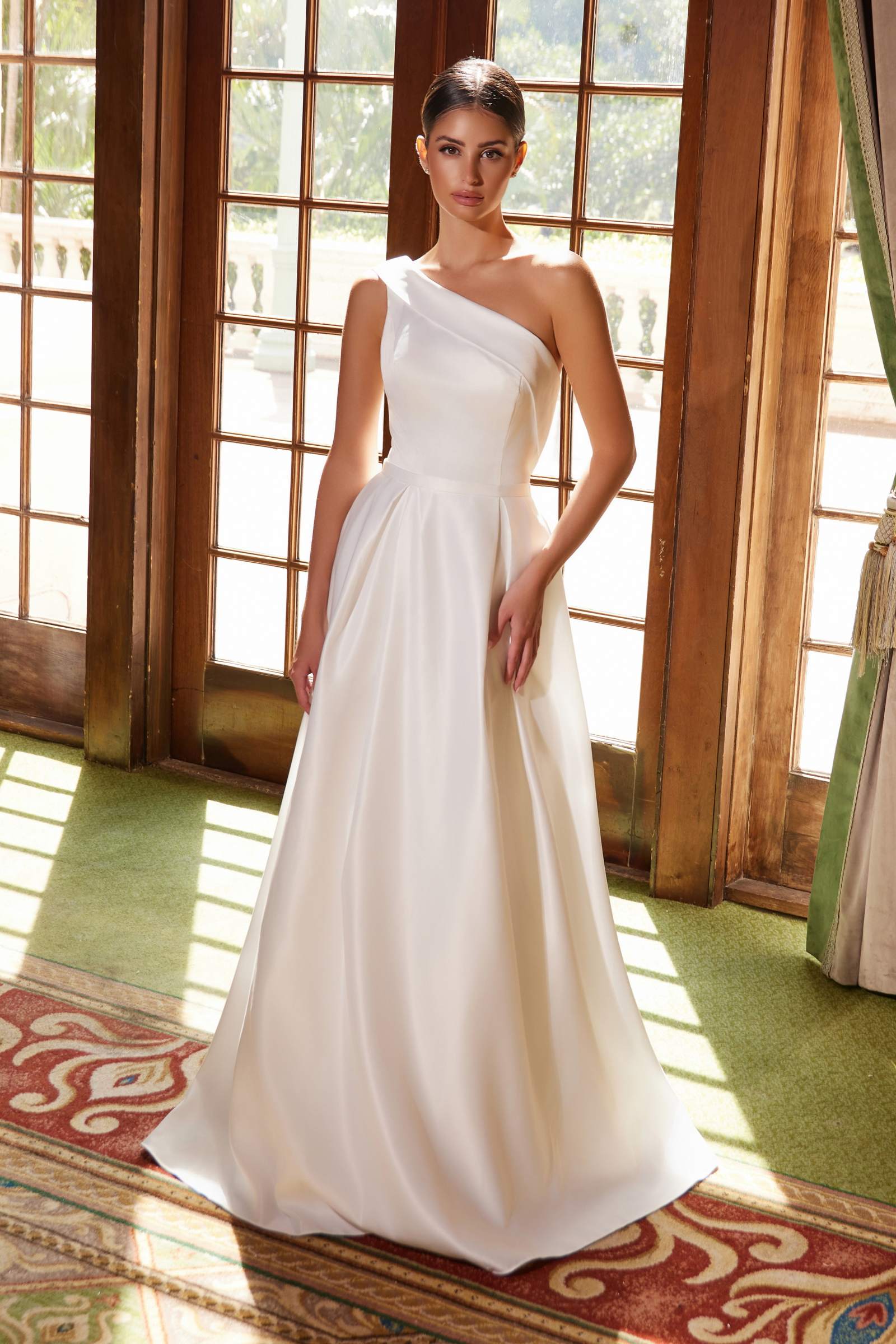 Nox Anabel E469 Elegant One Shoulder Long Satin A-Line Dress