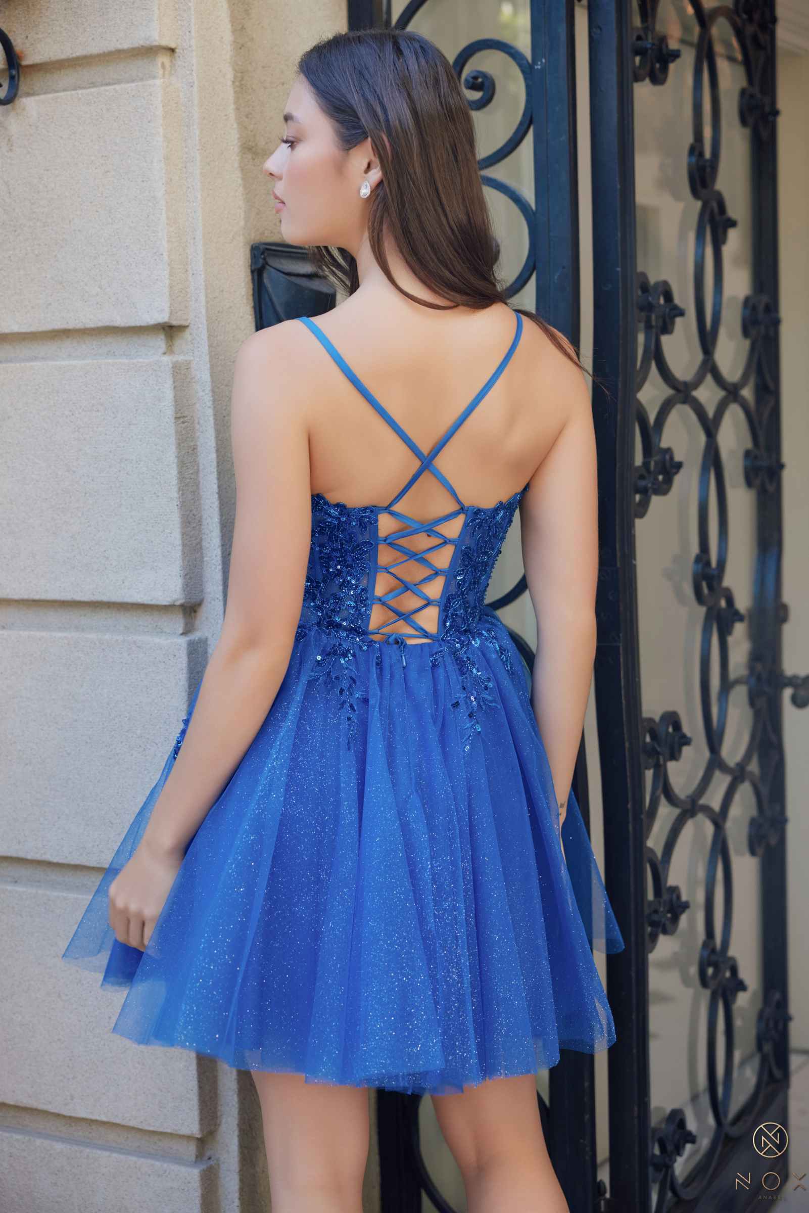 Nox Anabel E902 Short A-Line Applique Sleeveless Homecoming Dress
