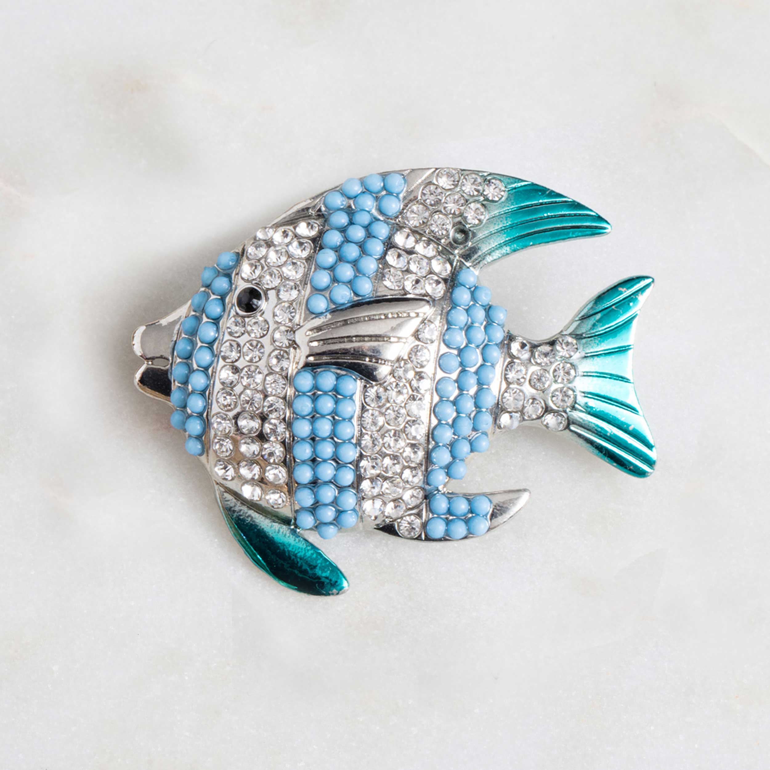 Ombré Pavé Blue and White Striped Angelfish Brooch