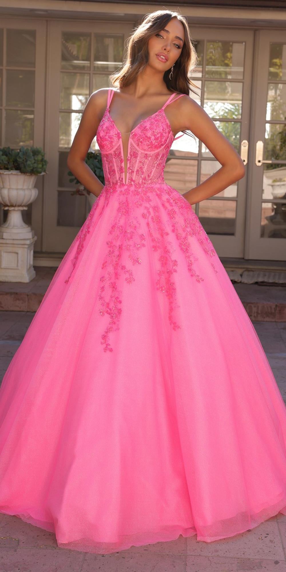 Nox Anabel H1357 Plunging Illusion Neckline Corset A-Line Ballgown