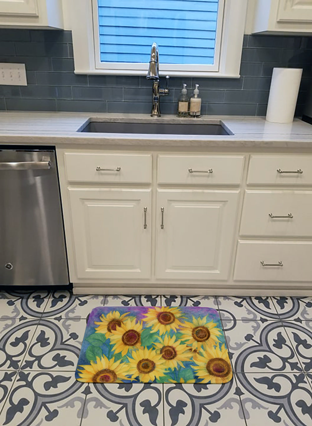 Sunflowers and Purple Memory Foam Kitchen Mat Machine Washable Anti-Fatigue Cushion Comfort Bath or Kitchen Rug