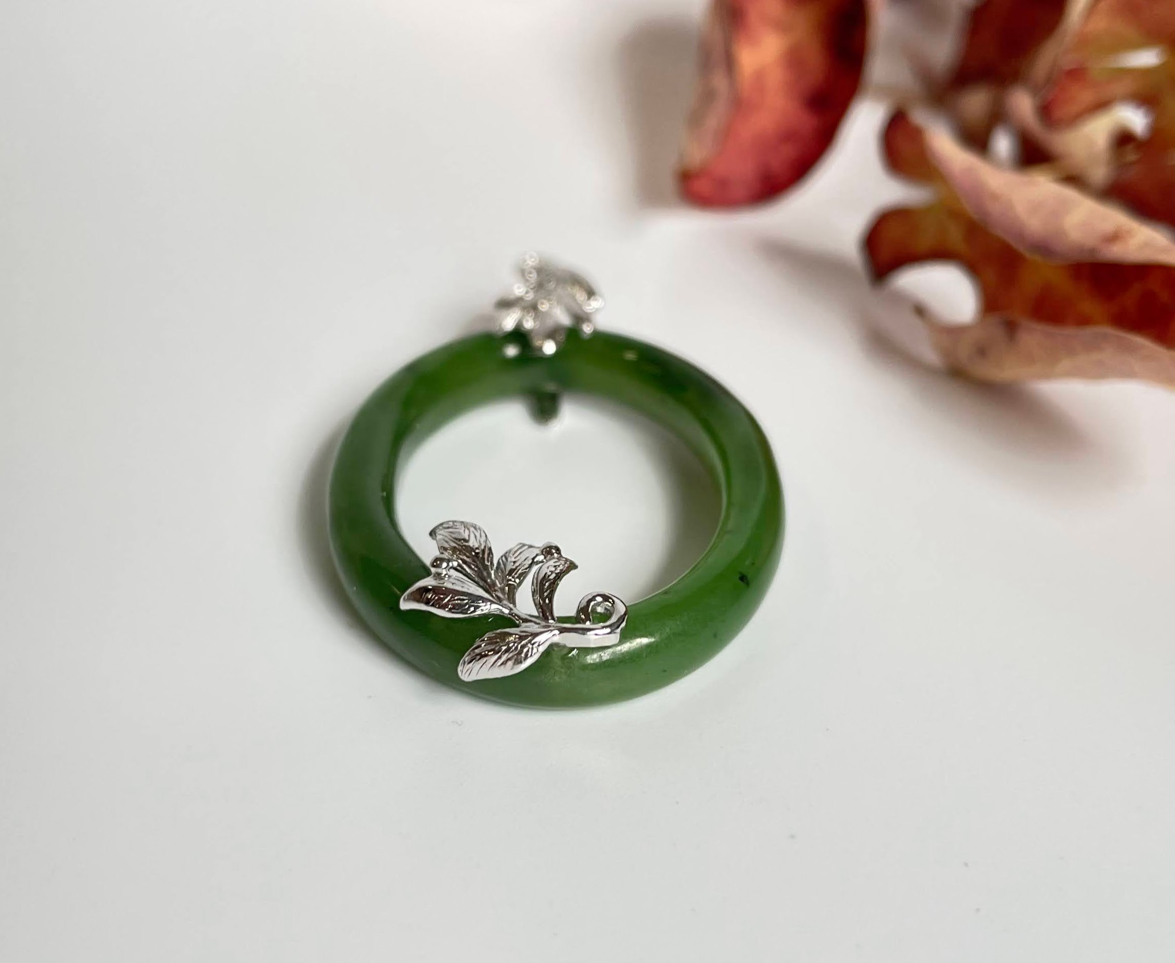 Jade Sterling Silver Oval Pendant, 35mm