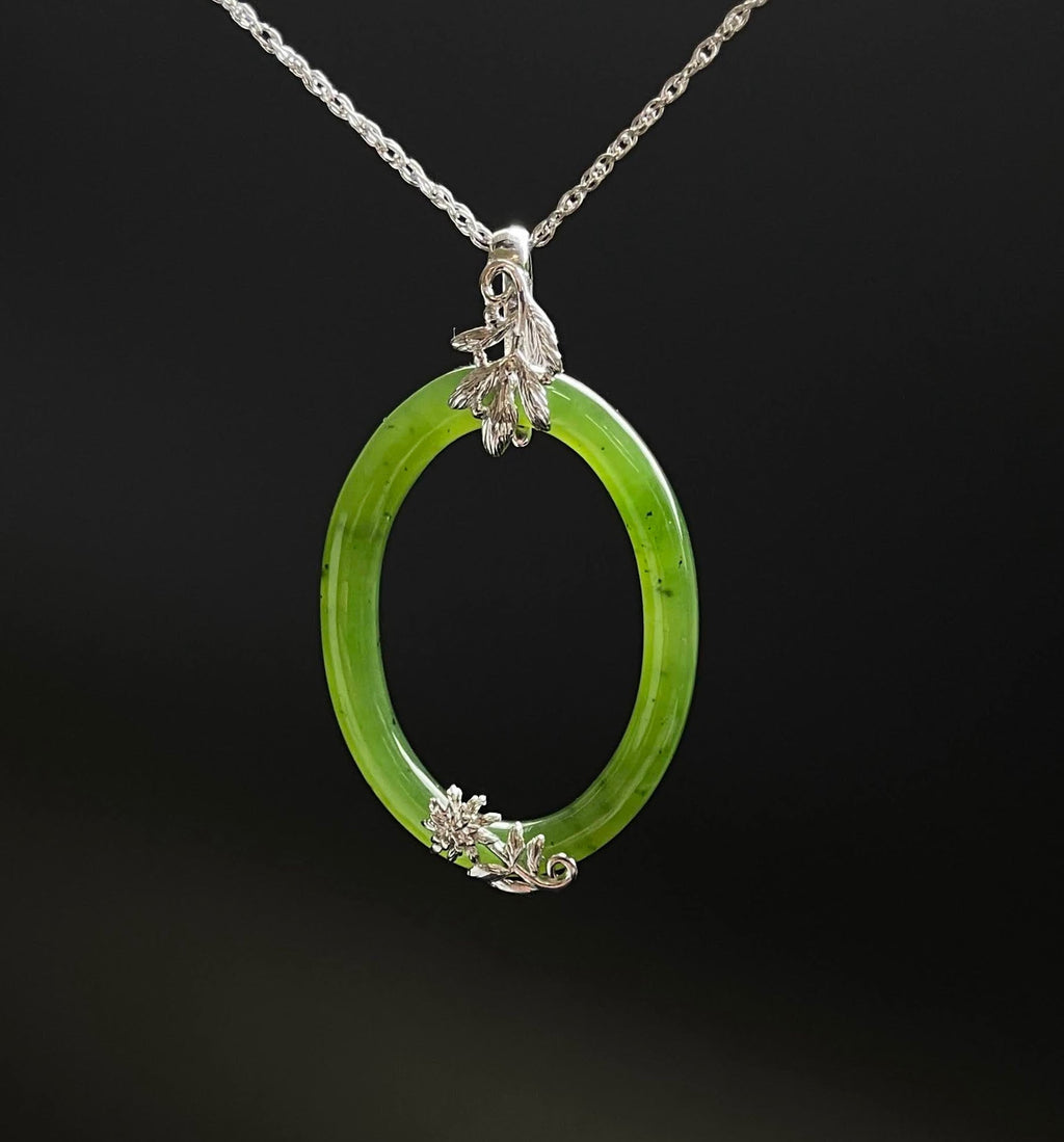 Jade Sterling Silver Oval Pendant, 35mm