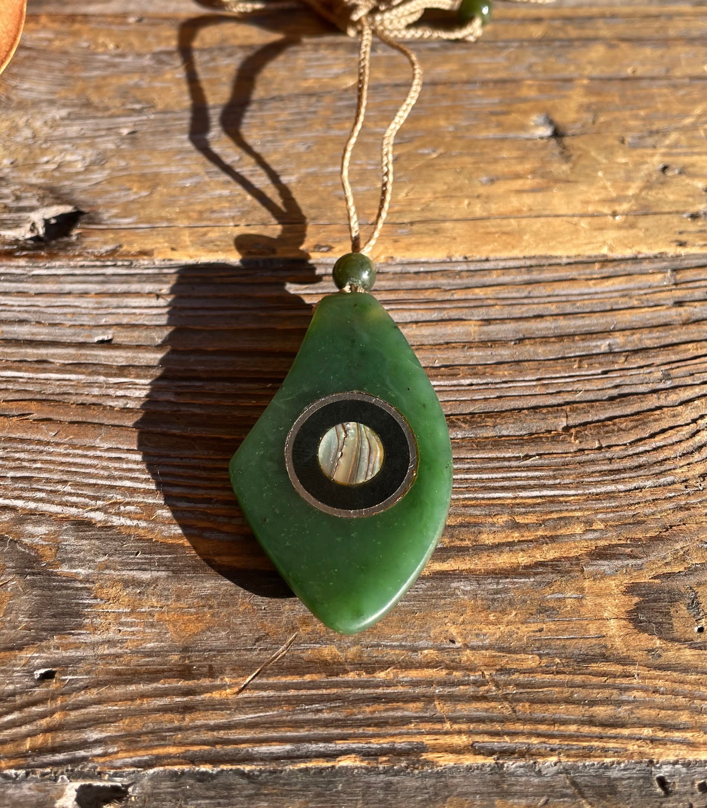 Jade Pendant, with Australia Jade and Abalone Inlay, 1.75"