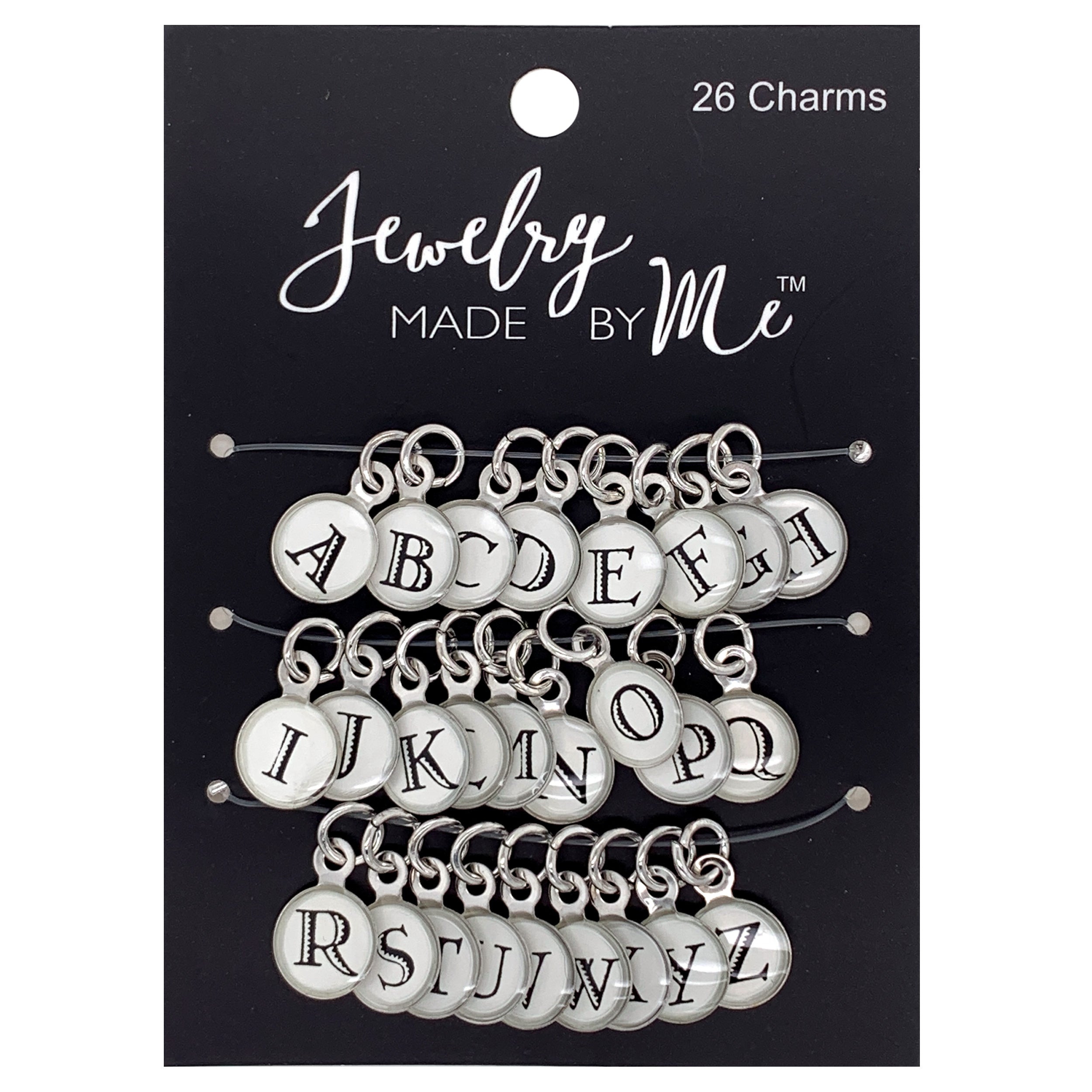 Silver Round White with Black Letters Alphabet Charms 26pc Set