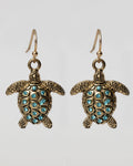 Gold Textured Turtle Dangle Earrings with Ocean Blue Crystals Coastal Cowgirl