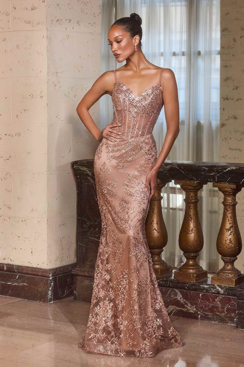 CLEARANCE - Ladivine J889 Hand Placed Applique Shimmering Sequin Fitted Gown (Size 10)