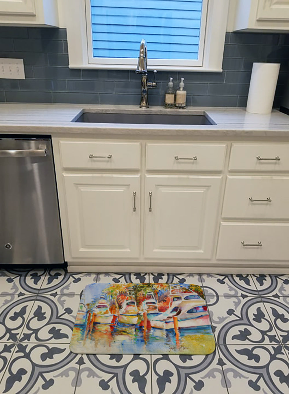 Deep Sea Fishing Boats at the Dock Memory Foam Kitchen Mat Machine Washable Anti-Fatigue Cushion Comfort Bath or Kitchen Rug
