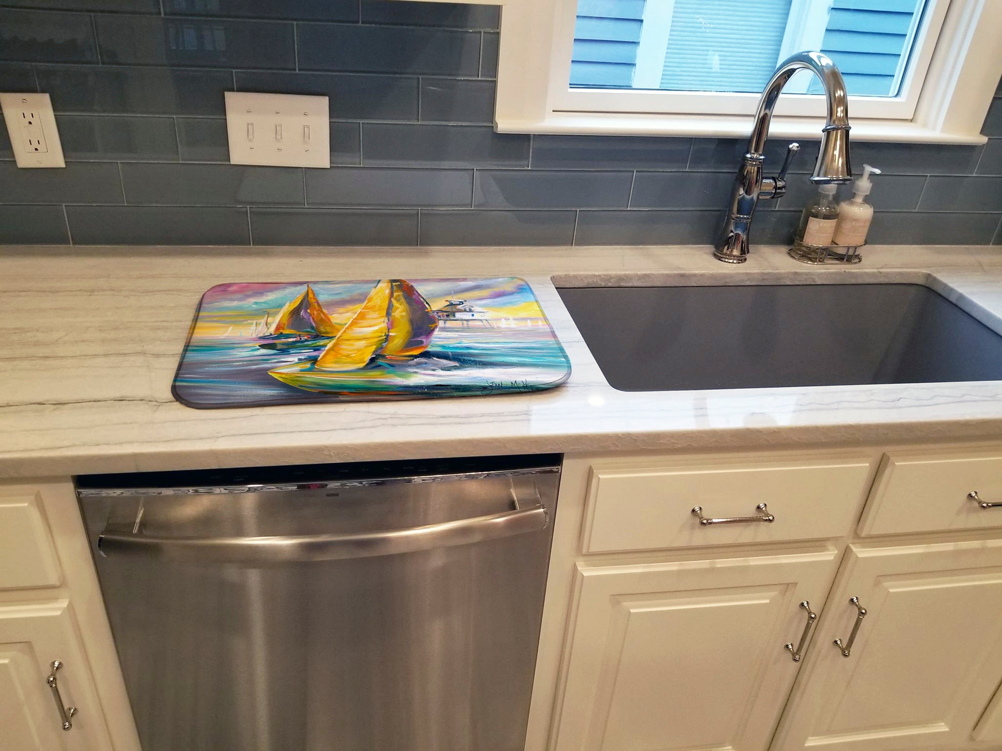 Sailboat with Middle Bay Lighthouse Dish Drying Mat Absorbent Dish Drying Mat Pad for Kitchen Counter Dish Drainer Mat for Countertop, 14 x 21", Multicolor