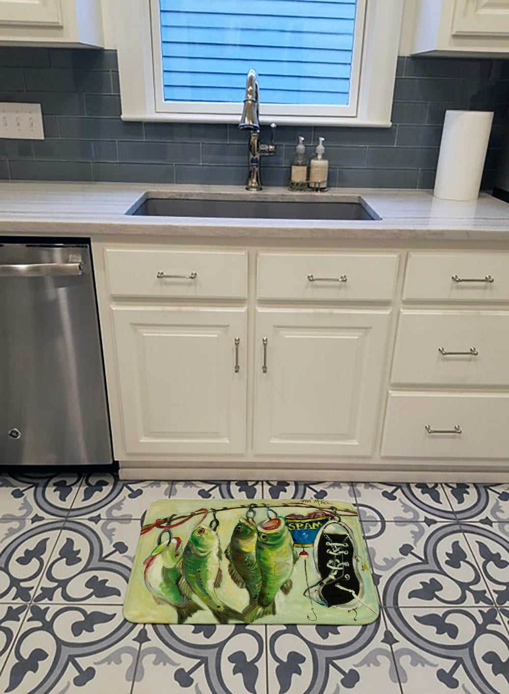 Recession Food Fish caught with Spam Memory Foam Kitchen Mat Machine Washable Anti-Fatigue Cushion Comfort Bath or Kitchen Rug